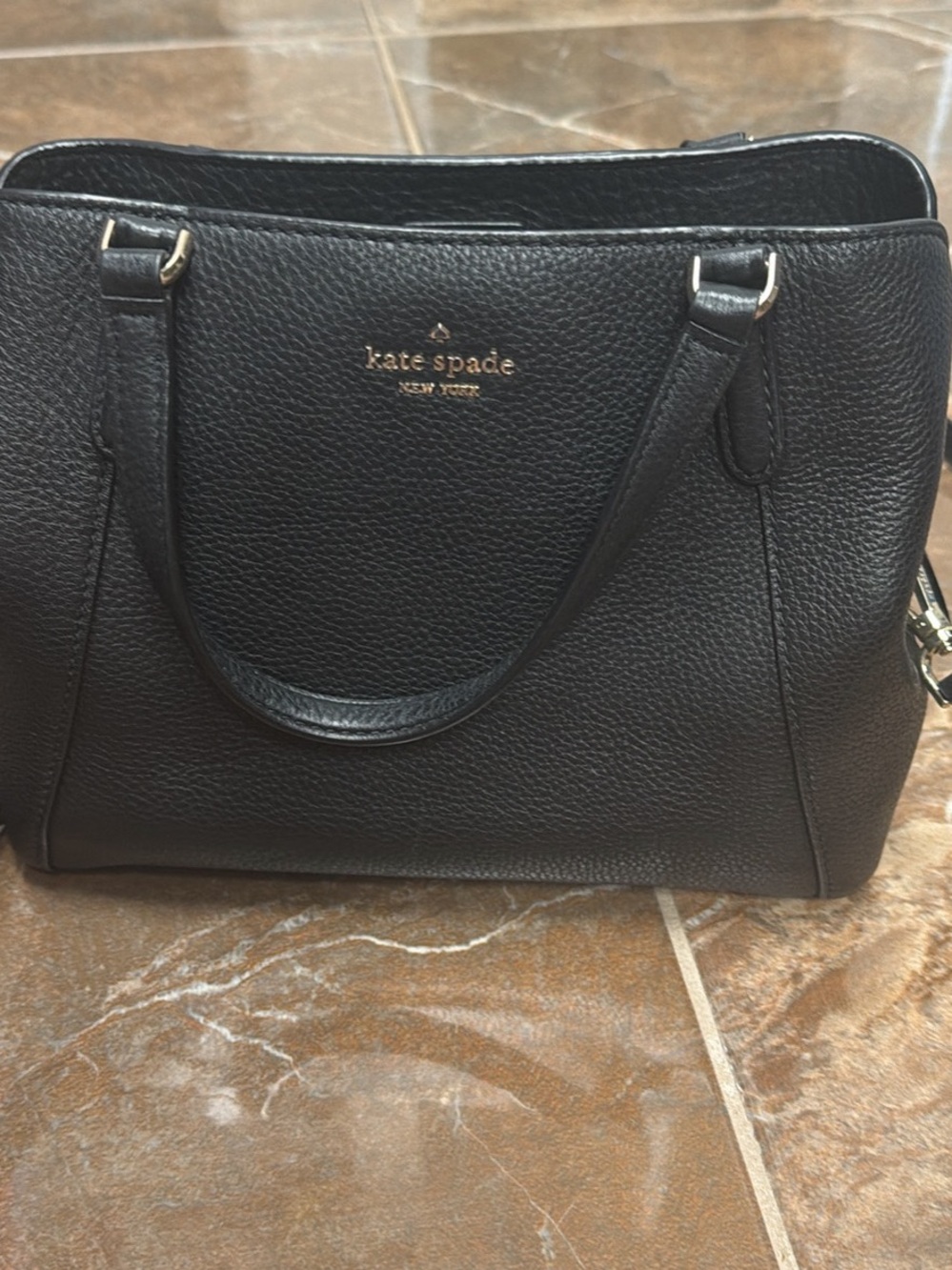 kate spade black pebbled leather satchel with gold logo
